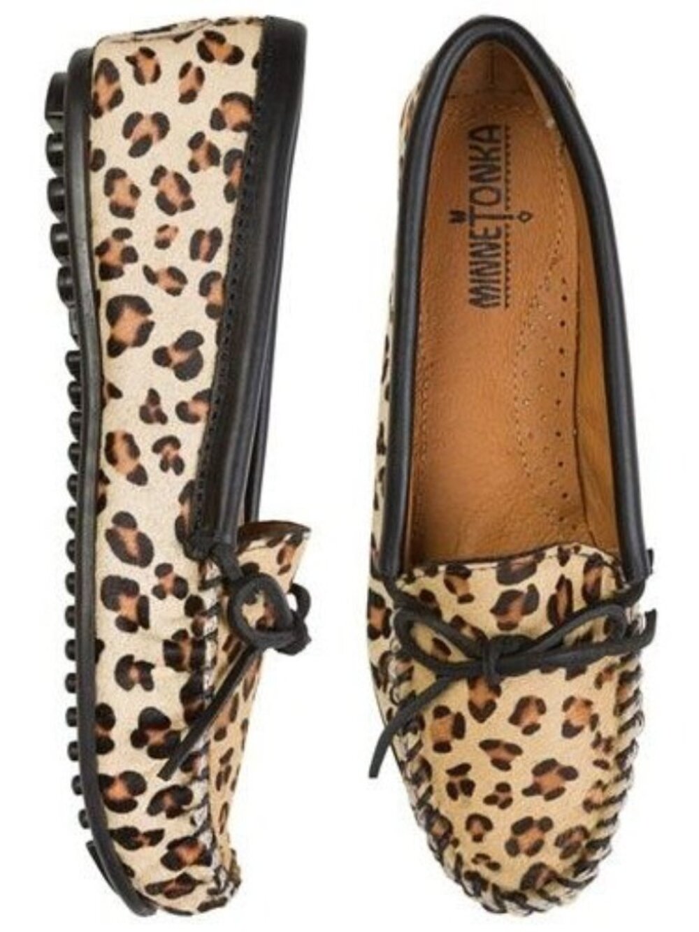 Minnetonka Moccasins Womens 8 Leopard Cow Hair Leather Driving Loafers Flats